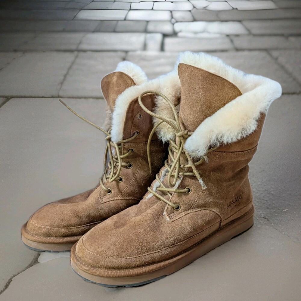 AU&MU Shearling & Suede Winter Mid-Calf Lace-up Boots AUMU Size 8 Chestnut Brown